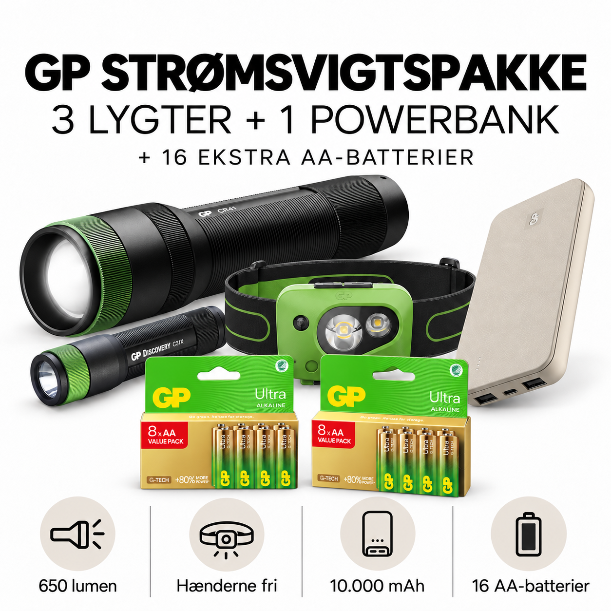 GP batteries - GP Strømsvigtspakke med 3 lygter, powerbank og AA-batterier