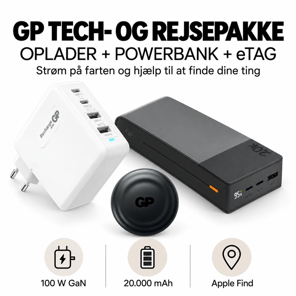 GP batteries - GP tech- og rejsepakke med 100 W oplader, powerbank og eTag