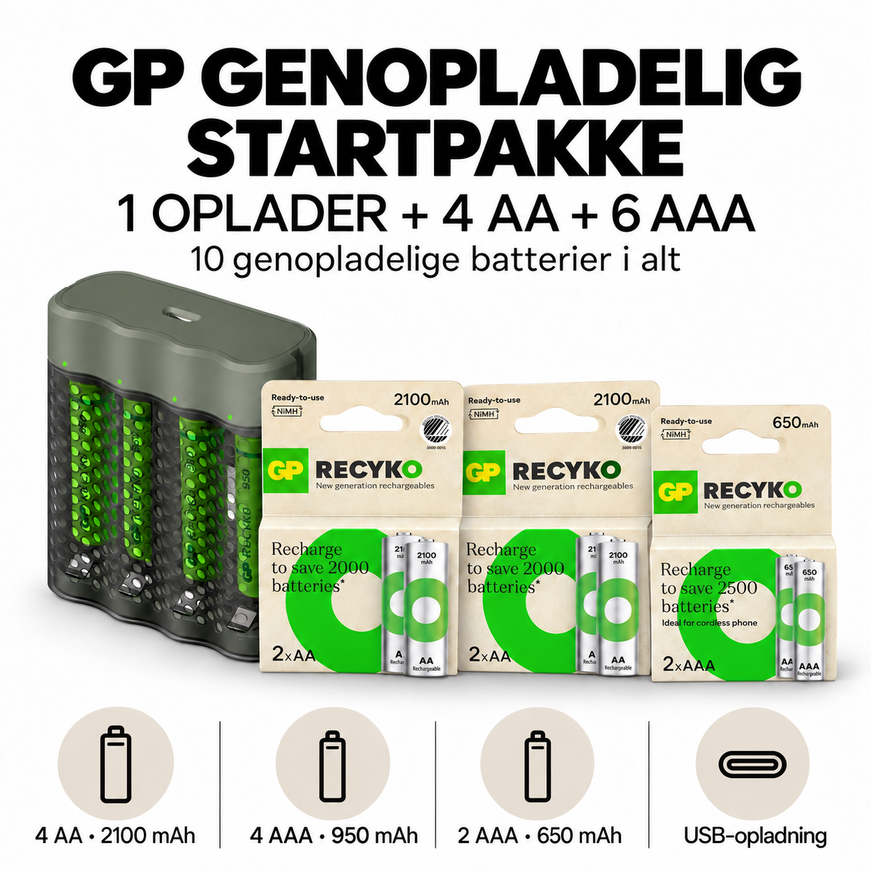 GP batteries - GP ReCyko genopladelig startpakke med oplader og 10 batterier
