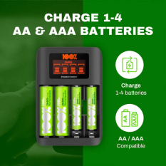 Oplader til AA- og AAA-batterier / 4 rum / Inkl. 12 stk. AA og AAA batterier