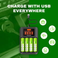 Oplader til AA- og AAA-batterier / 4 rum / Inkl. 12 stk. AA og AAA batterier