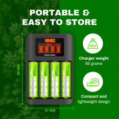 Oplader til AA- og AAA-batterier / 4 rum / Inkl. 12 stk. AA og AAA batterier