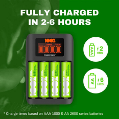 Oplader til AA- og AAA-batterier / 4 rum / Inkl. 12 stk. AA og AAA batterier