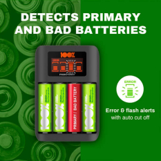 Oplader til AA- og AAA-batterier / 4 rum / Inkl. 12 stk. AA og AAA batterier