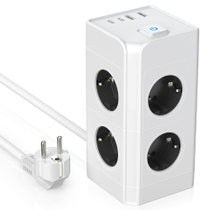 Stikd�se med 8 EU-stik med lynafleder, 2 USB-A-porte, 2 USB-C-porte - Brandfast PC, overbelastningsbeskyttelse, b�rnesikkerhed, 2m rent kobberkabel, 3680W til hjem og kontor