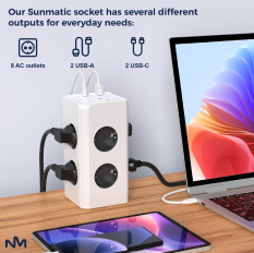 Stikd�se med 8 EU-stik med lynafleder, 2 USB-A-porte, 2 USB-C-porte - Brandfast PC, overbelastningsbeskyttelse, b�rnesikkerhed, 2m rent kobberkabel, 3680W til hjem og kontor