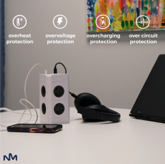 Stikd�se med 8 EU-stik med lynafleder, 2 USB-A-porte, 2 USB-C-porte - Brandfast PC, overbelastningsbeskyttelse, b�rnesikkerhed, 2m rent kobberkabel, 3680W til hjem og kontor