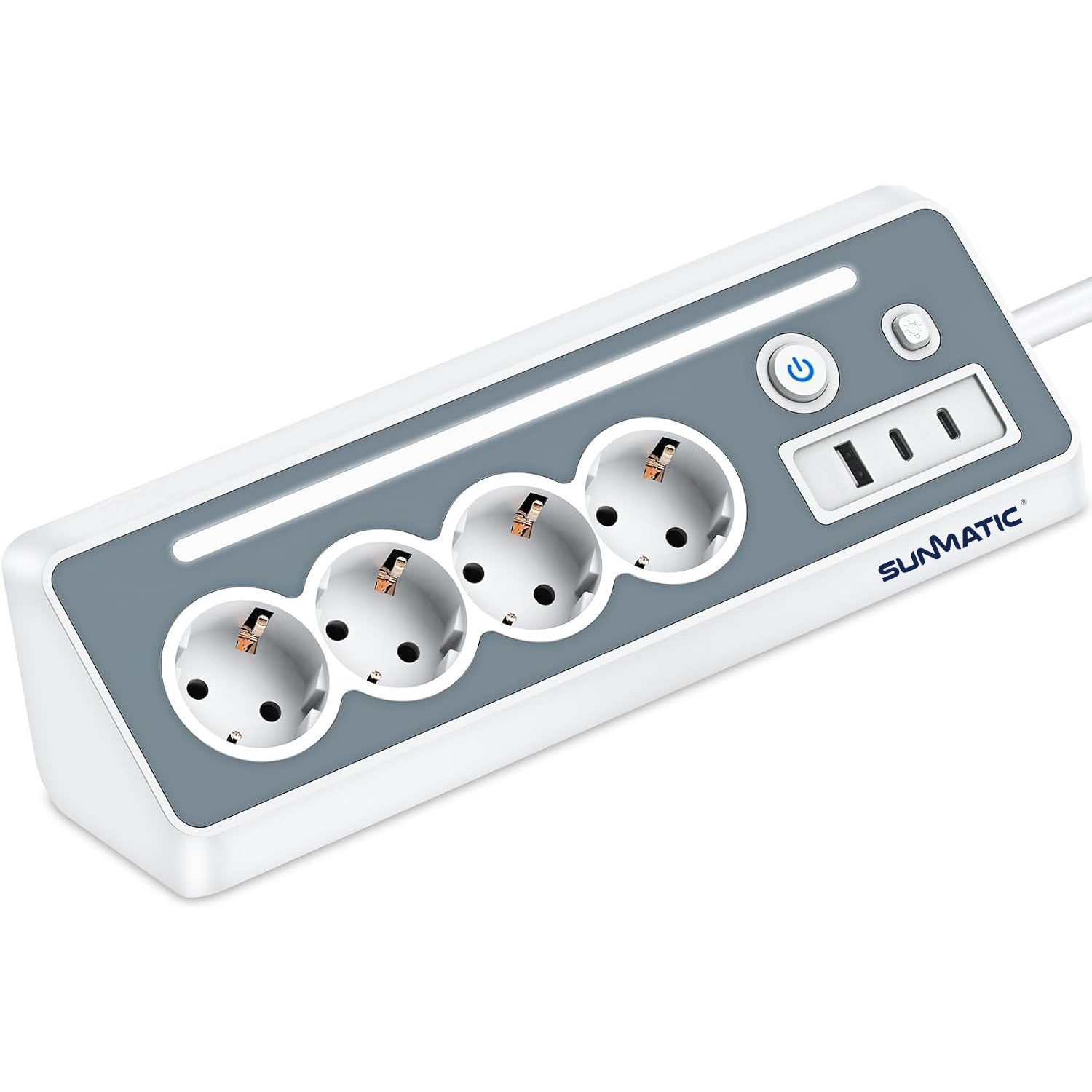 Stikdåse 8 i 1 med 4 Schuko-stikdåser (3680W/16A), 2 USB-C-porte, 1 x USB-A-port og justerbar LED-lampe